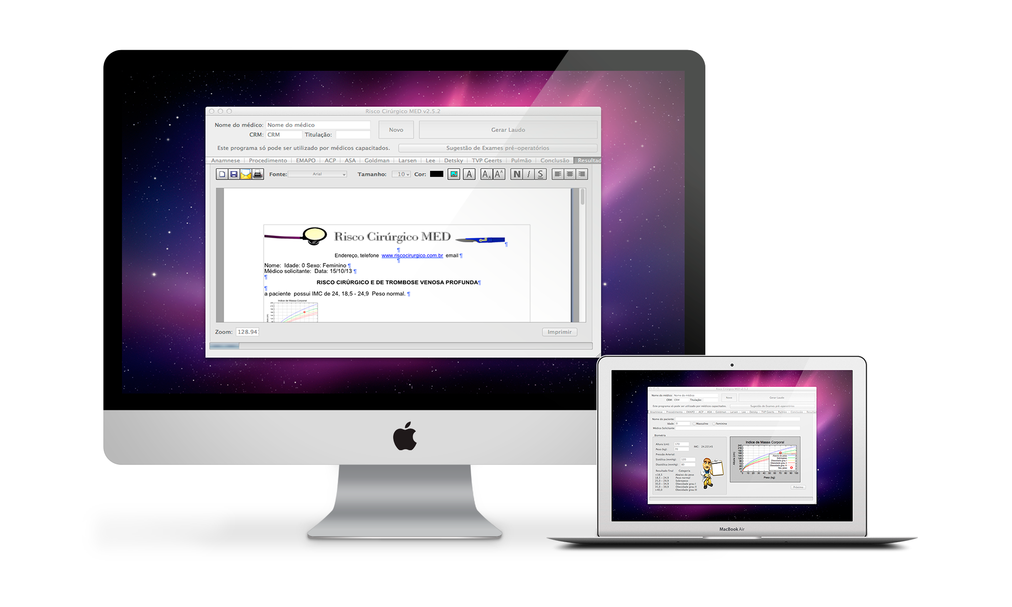 Risco Cirúrgico MED rodando em iMac e MacBook — laudo de risco cirúrgico personalizado